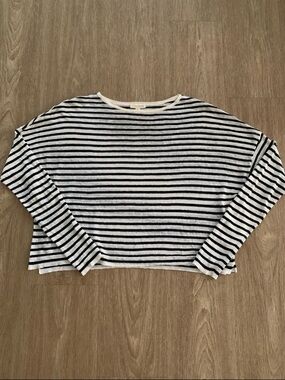 Eileen Fisher Black and Cream Striped Cropped Long-Sleeve Top